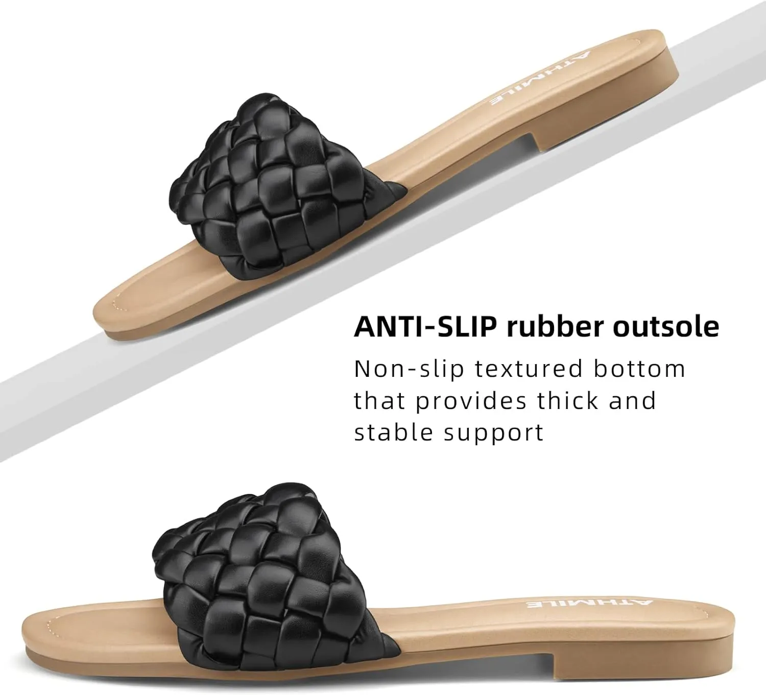 ATHMILE Braided Womens Sandals Round Open Toe Fashion Slide Sandals Women Dressy Summer Flat Beach Size 6-11