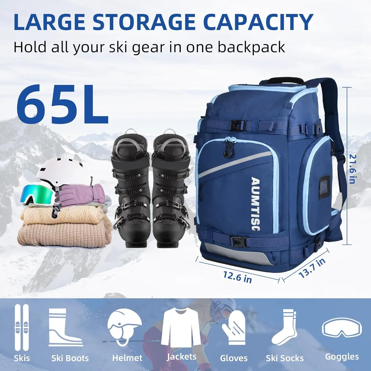 AUMTISC Ski Boot Bag Backpack, Padded SKi Boots and Helmet Bags for Flying Air Travel, Skiing Gear, Goggles, Gloves, Skis & Snowboard