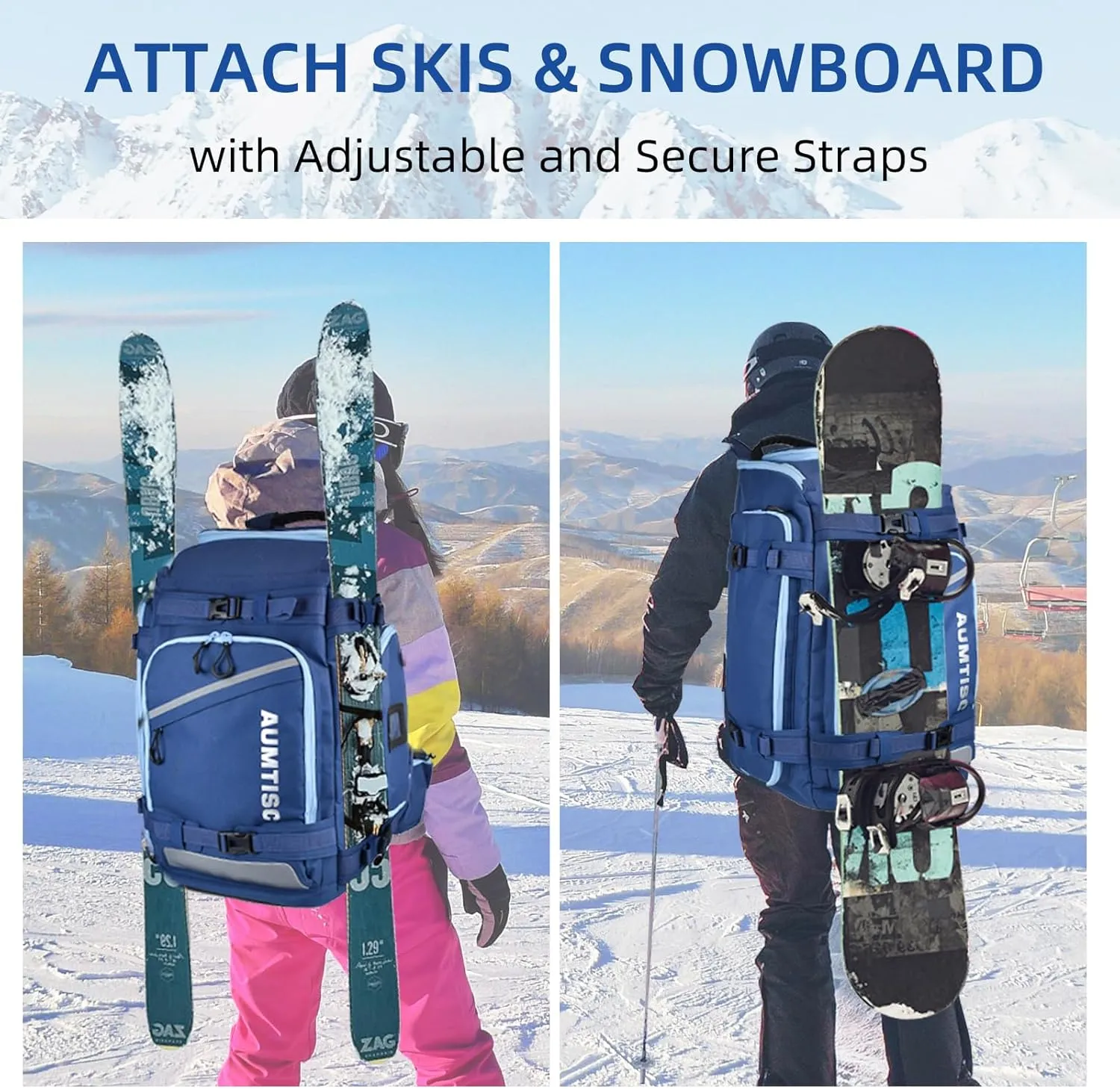 AUMTISC Ski Boot Bag Backpack, Padded SKi Boots and Helmet Bags for Flying Air Travel, Skiing Gear, Goggles, Gloves, Skis & Snowboard
