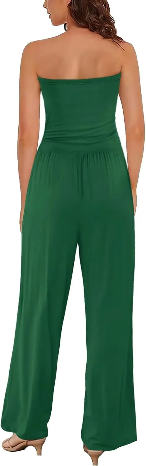 AUXDIO Women's Casual Summer Strapless Jumpsuits Off Shoulder Sleeveless Backless 2025 Wide Leg Romper with Pocket