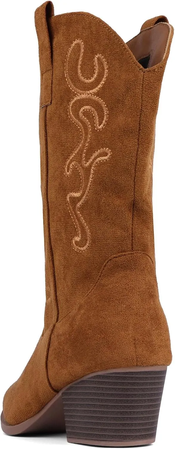 Bandkos Cowboy Boots for Women Cowgirl Mid Calf Western Boots Embroidered Stitched Pointed Toe Chunky Block Heel