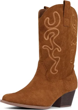 Bandkos Cowboy Boots for Women Cowgirl Mid Calf Western Boots Embroidered Stitched Pointed Toe Chunky Block Heel