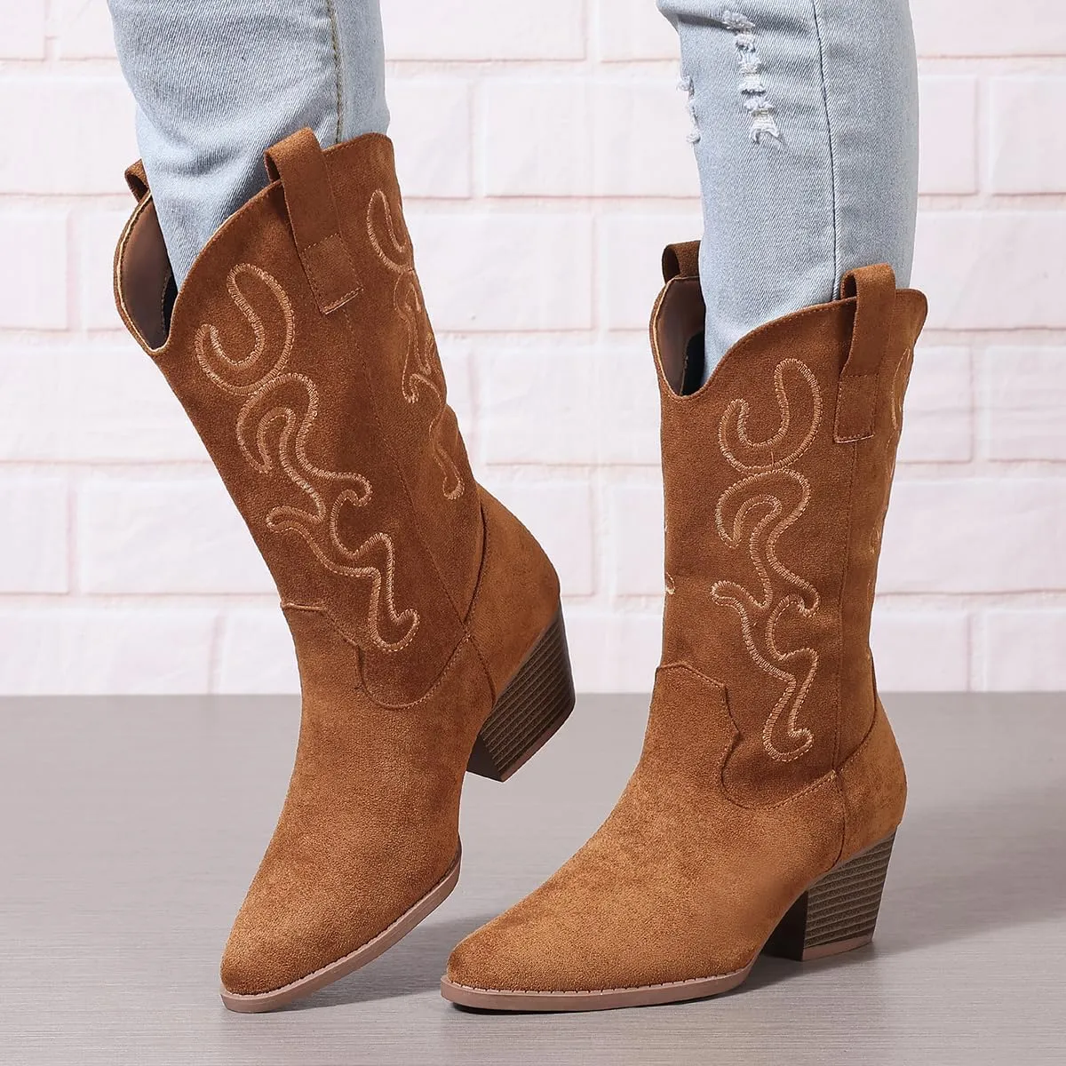 Bandkos Cowboy Boots for Women Cowgirl Mid Calf Western Boots Embroidered Stitched Pointed Toe Chunky Block Heel