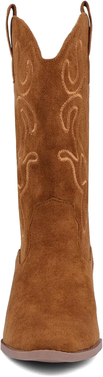 Bandkos Cowboy Boots for Women Cowgirl Mid Calf Western Boots Embroidered Stitched Pointed Toe Chunky Block Heel