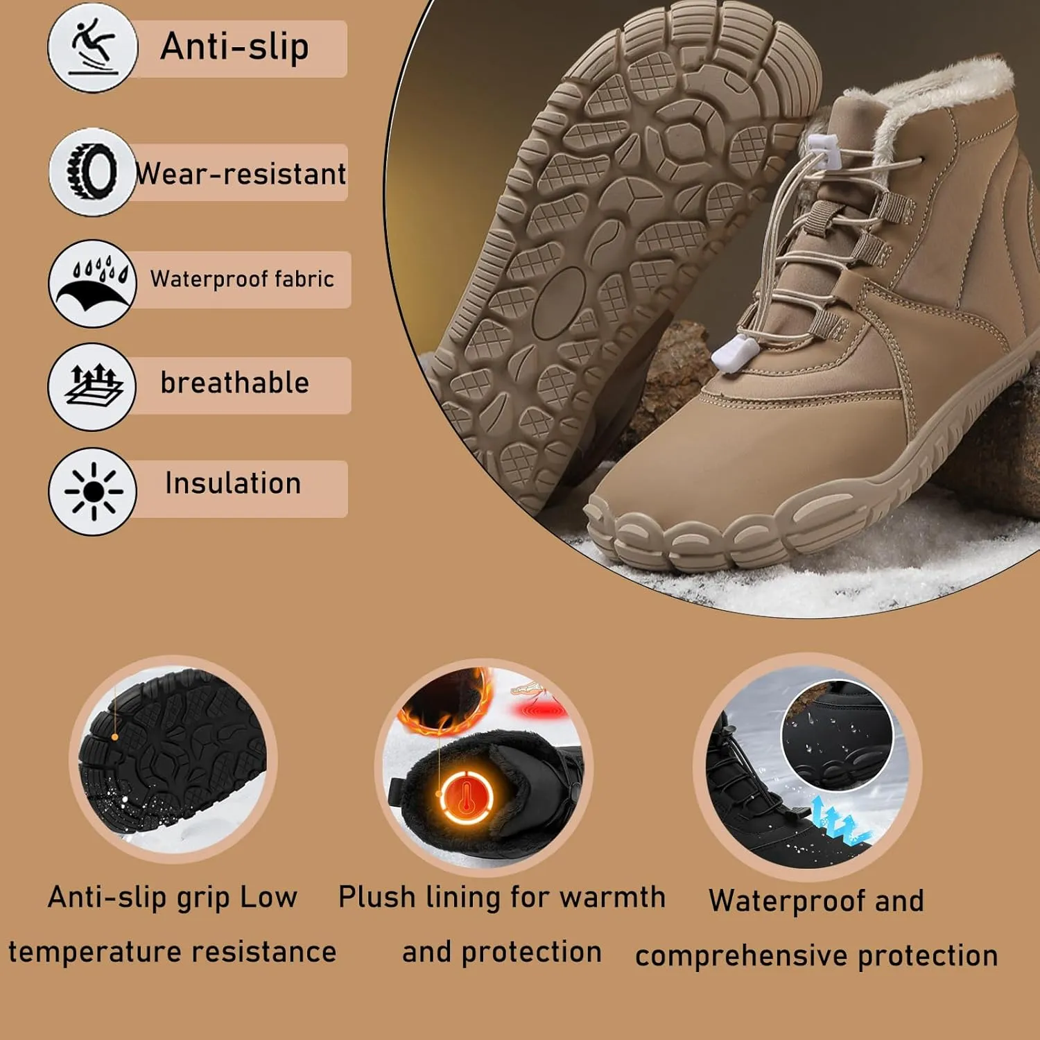 Barefoot Snow Boots for Men's Women's Winter Warm Waterproof Zero Drop Comfortable Cold-Proof Fleece Lining Wide Toe Sneakers Ankle Booties for Hiking Walking Outdoor Unisex