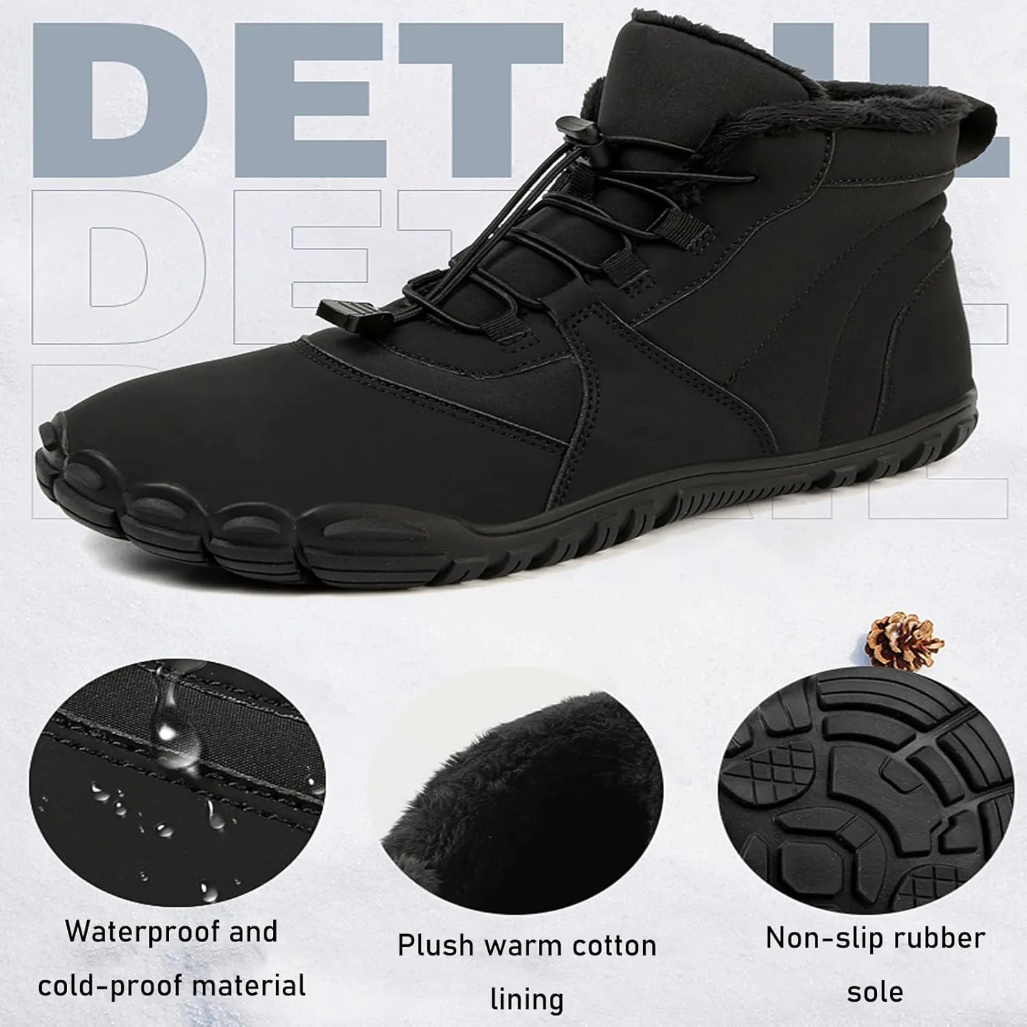Barefoot Snow Boots for Men's Women's Winter Warm Waterproof Zero Drop Comfortable Cold-Proof Fleece Lining Wide Toe Sneakers Ankle Booties for Hiking Walking Outdoor Unisex