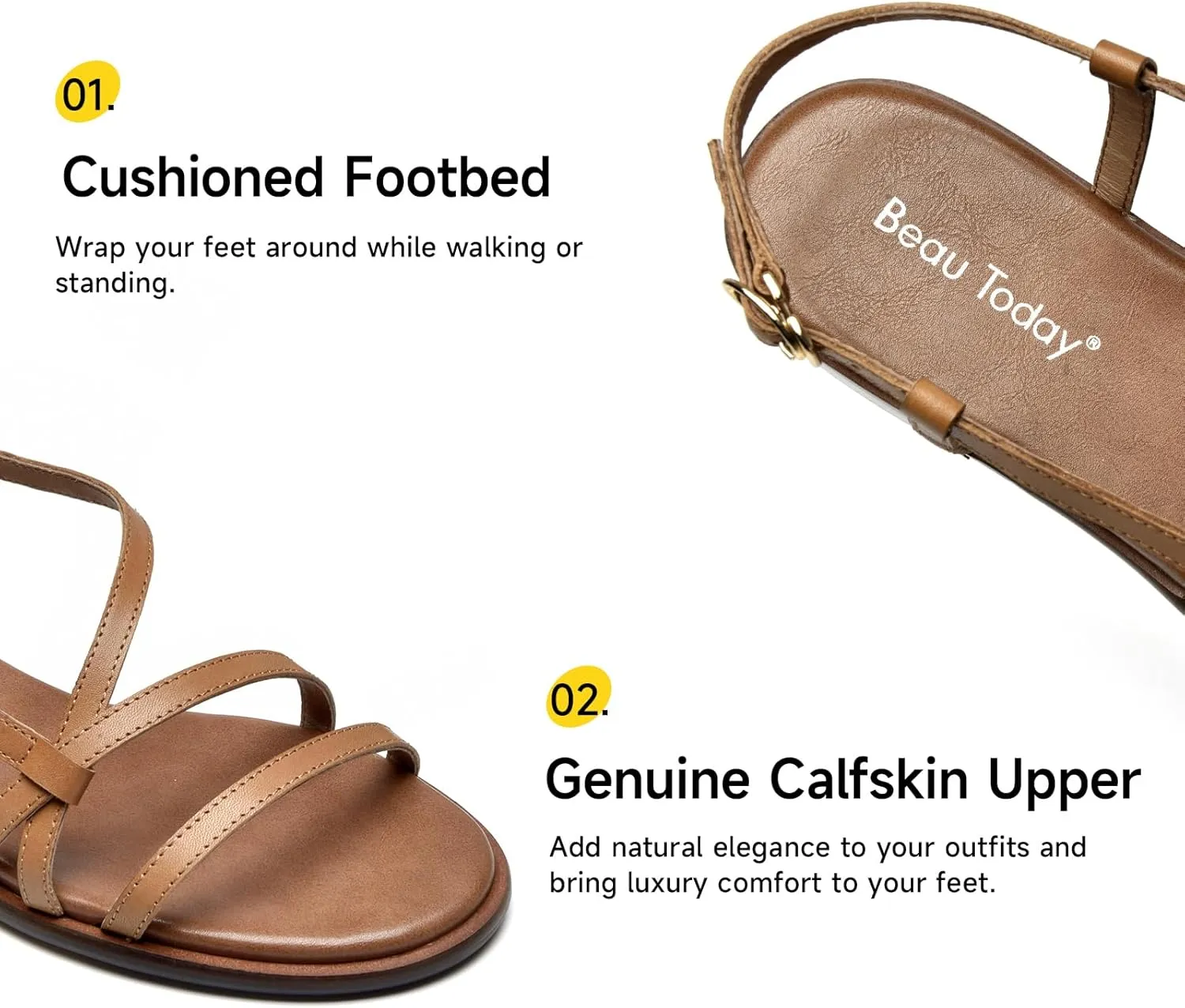 BEAU TODAY Flat Sandals for Women,Strappy Sandals for Women,Comfortable Leather Summer Sandals,Adjustable Casual Dressy Sandals with Open Toe for Vacation