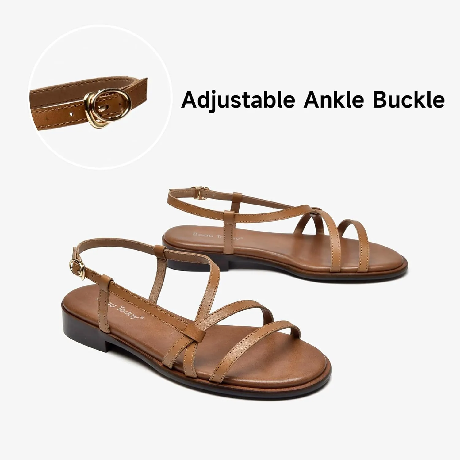 BEAU TODAY Flat Sandals for Women,Strappy Sandals for Women,Comfortable Leather Summer Sandals,Adjustable Casual Dressy Sandals with Open Toe for Vacation