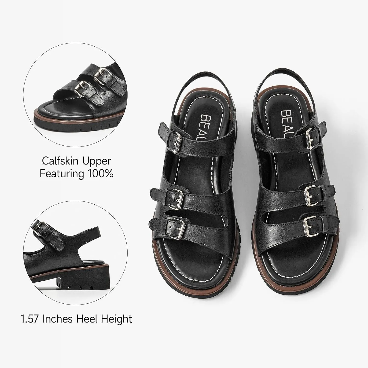 BEAU TODAY Platform Sandals for Women,Adjustable Double Straps Chunky Sandals,Open Toe Lightweight Leather Dressy Sandals in Summer for Vacation Walking