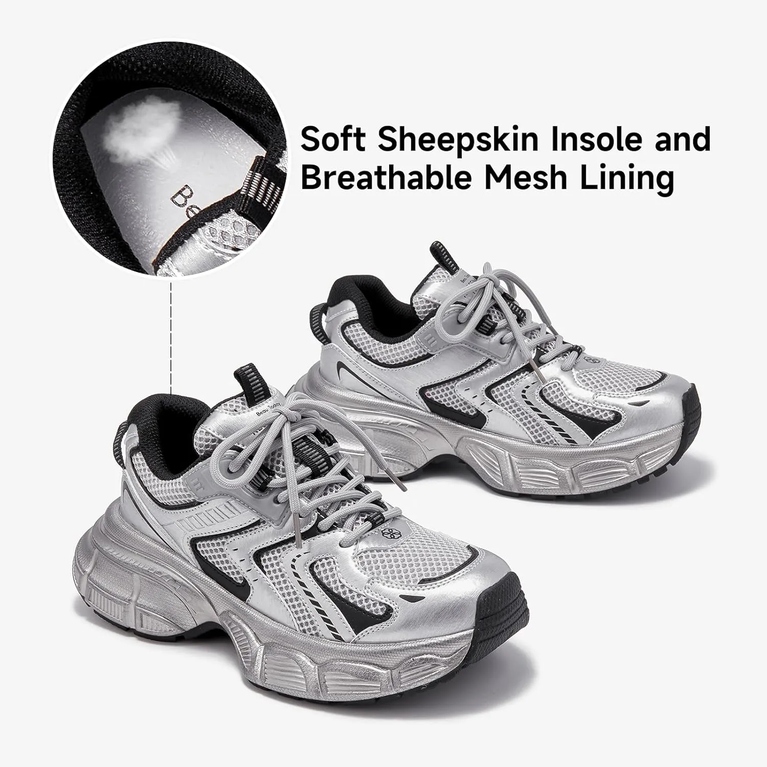 BEAU TODAY Women's Walking Shoes, Chunky Platform Fashion Sneakers for Women, Comfortable Casual Lightweight Lace-up Gym Workout Athletic Tennis Shoes