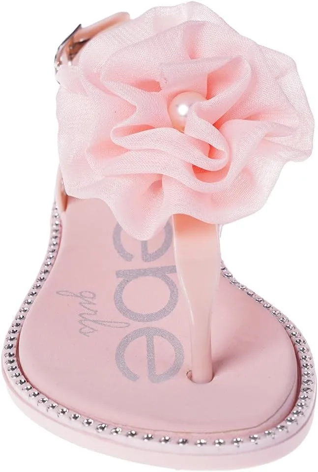 bebe Girl's Flat Sandals - PCU Sandals with Flower, Bow, and Rhinestone Details for Toddler/Little Kid/Big Kid