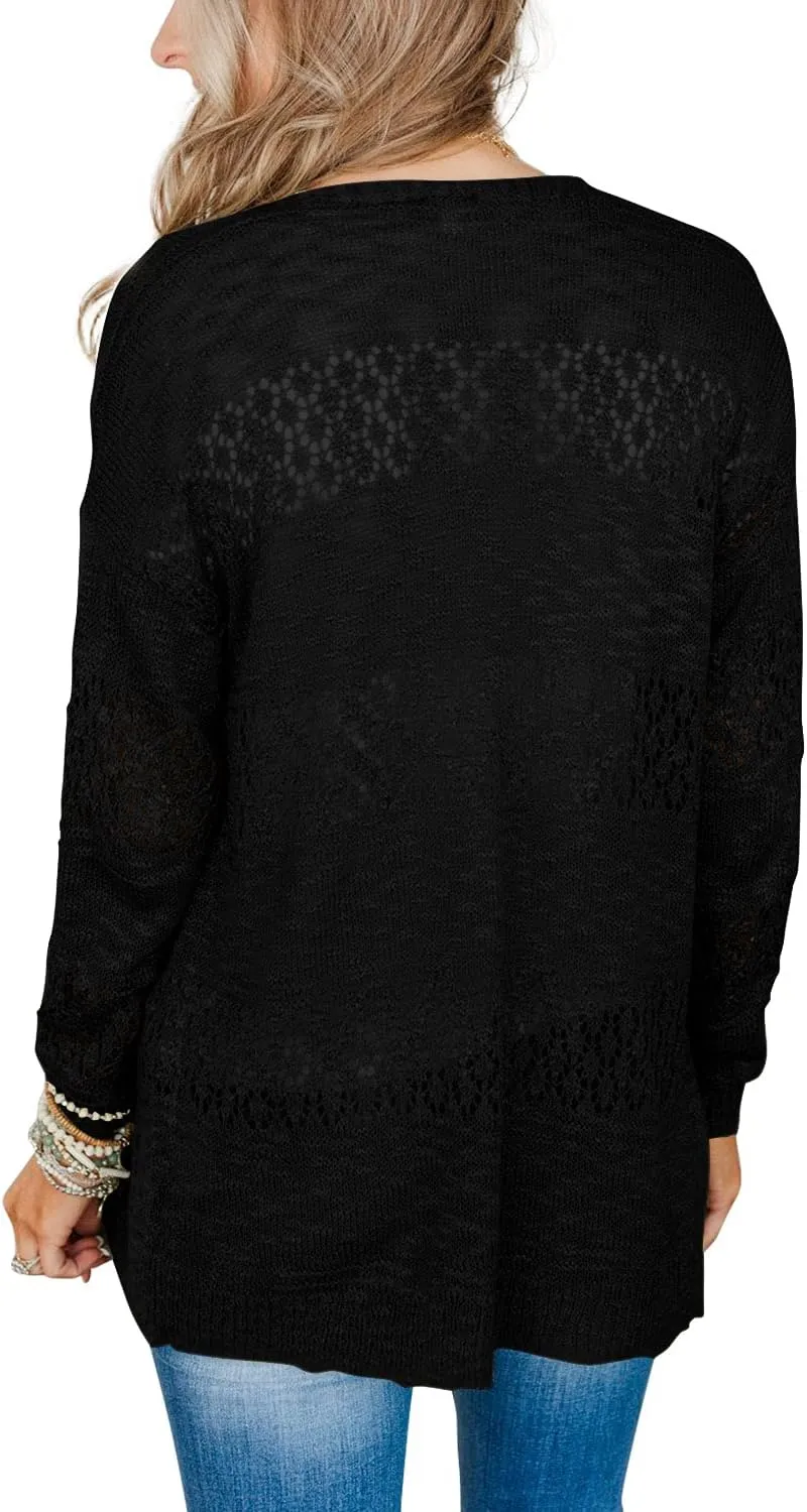 BESFLY Women's Knit-Cardigan Open Front Cardigan Sweater Casual Long Sleeve Mesh Crochet Coat