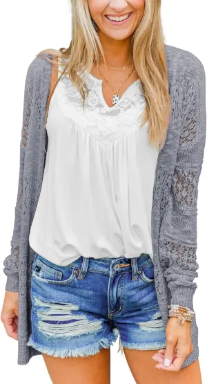 BESFLY Women's Knit-Cardigan Open Front Cardigan Sweater Casual Long Sleeve Mesh Crochet Coat
