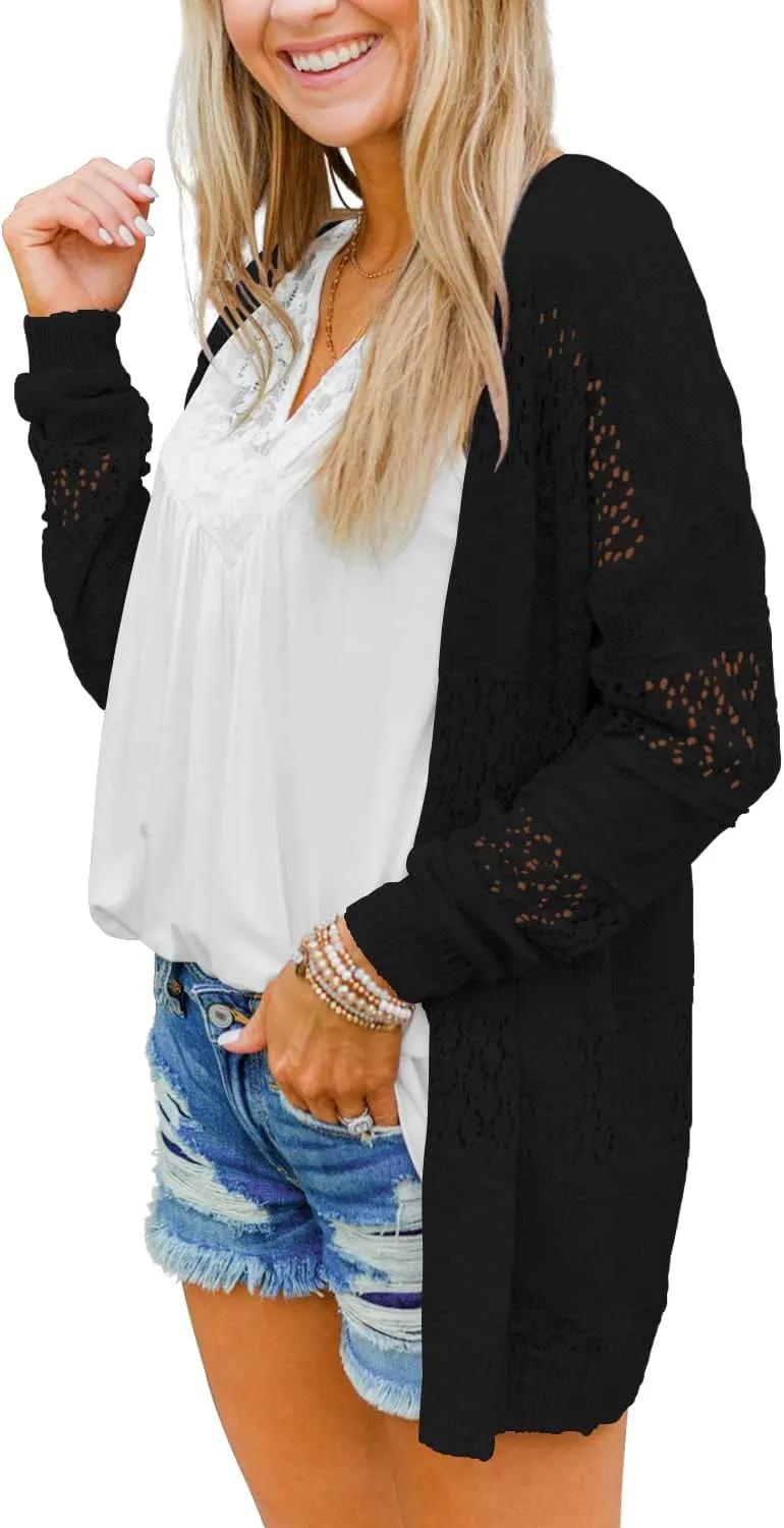 BESFLY Women's Knit-Cardigan Open Front Cardigan Sweater Casual Long Sleeve Mesh Crochet Coat