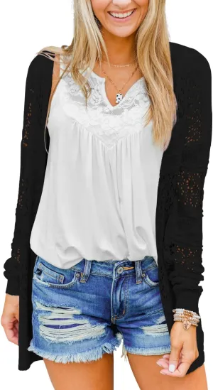 BESFLY Women's Knit-Cardigan Open Front Cardigan Sweater Casual Long Sleeve Mesh Crochet Coat