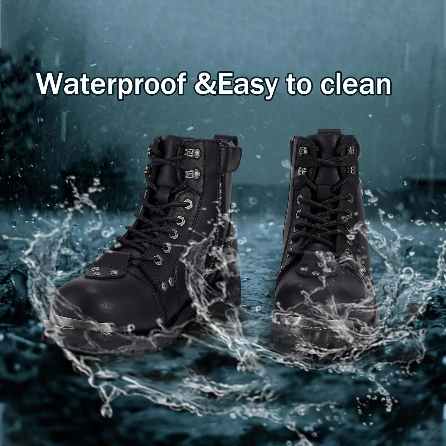 Black Men's Motorcycle Boot For Riding PU Leather Combat Boots For Men Waterproof Biker Boots with Lace-Up Side Zipper