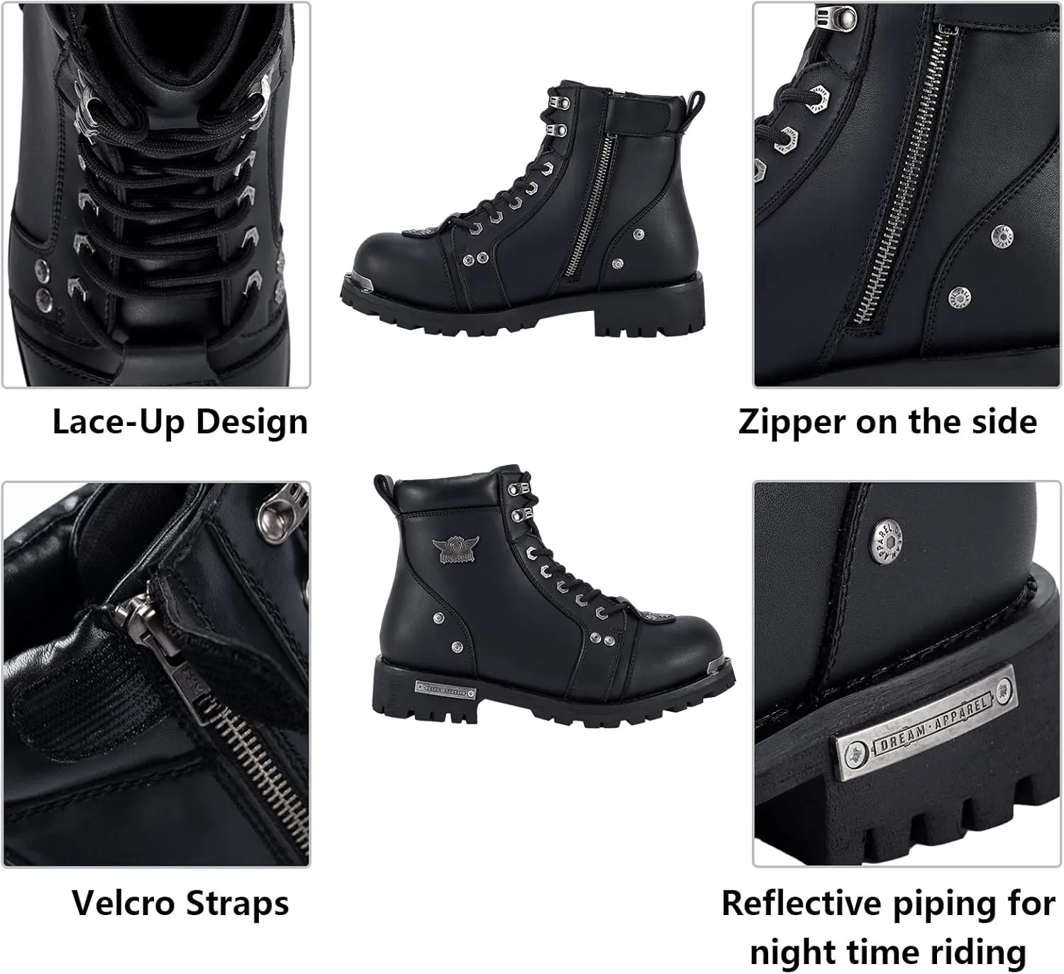 Black Men's Motorcycle Boot For Riding PU Leather Combat Boots For Men Waterproof Biker Boots with Lace-Up Side Zipper