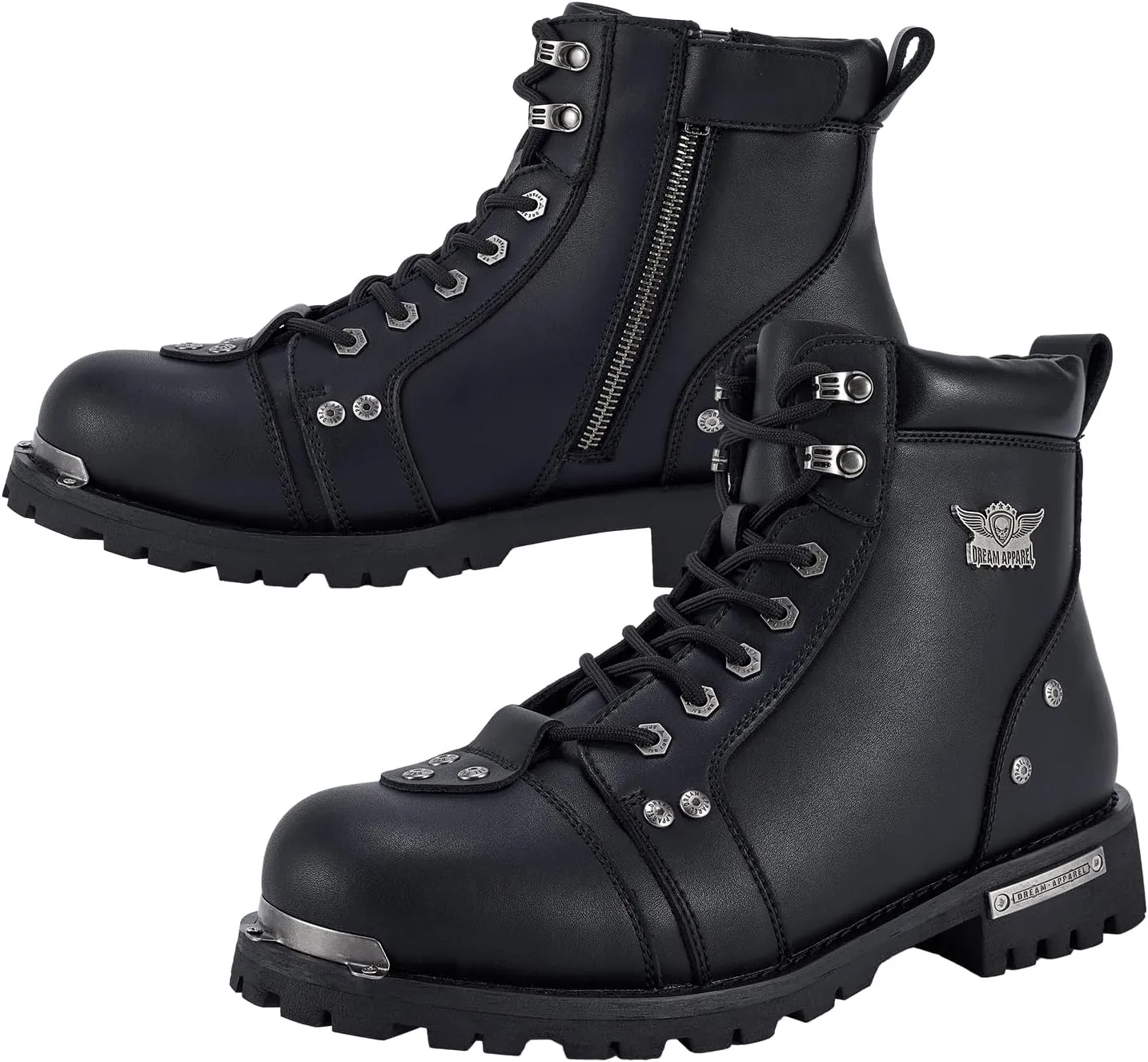 Black Men's Motorcycle Boot For Riding PU Leather Combat Boots For Men Waterproof Biker Boots with Lace-Up Side Zipper