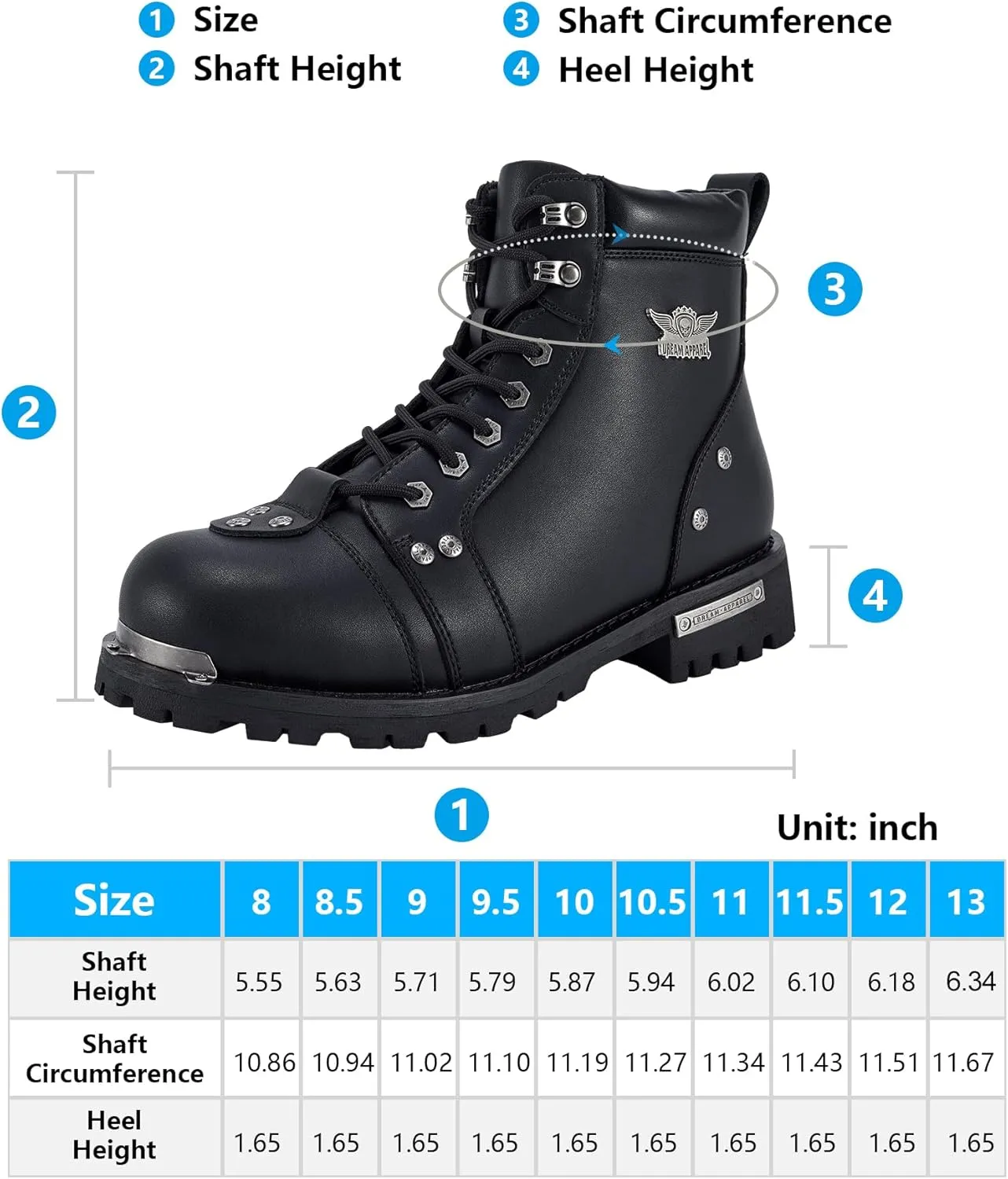 Black Men's Motorcycle Boot For Riding PU Leather Combat Boots For Men Waterproof Biker Boots with Lace-Up Side Zipper
