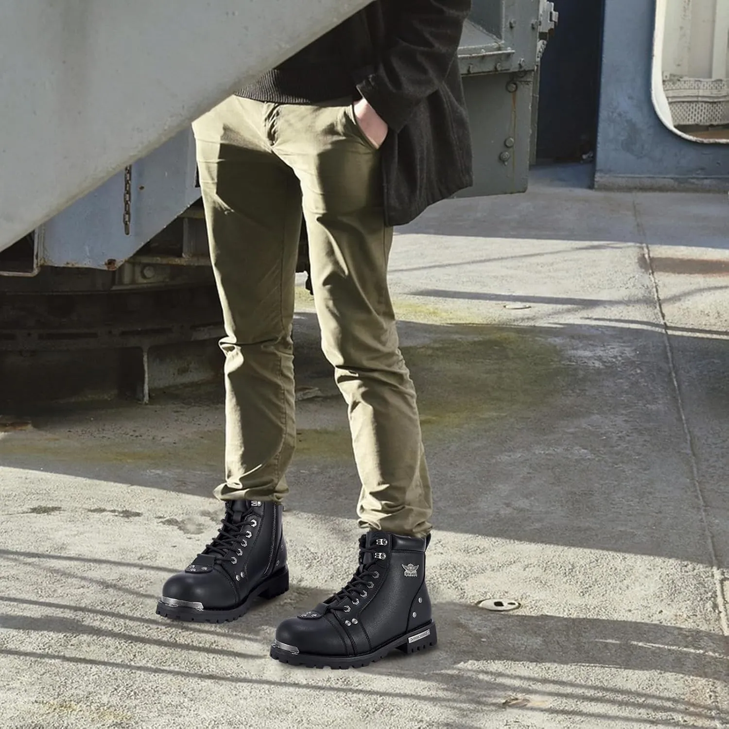 Black Men's Motorcycle Boot For Riding PU Leather Combat Boots For Men Waterproof Biker Boots with Lace-Up Side Zipper