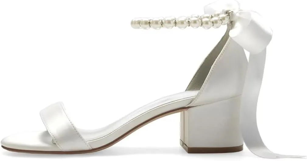 Block Heel Bridal Shoes Open Toe Pearl Heels Wedding Shoes for Bride Wedding Sandals Bride Heels