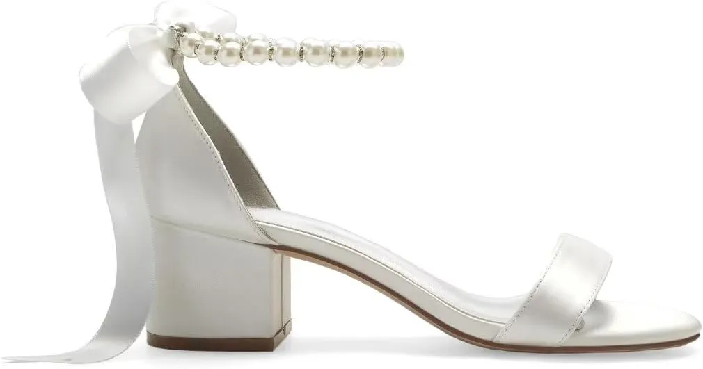 Block Heel Bridal Shoes Open Toe Pearl Heels Wedding Shoes for Bride Wedding Sandals Bride Heels