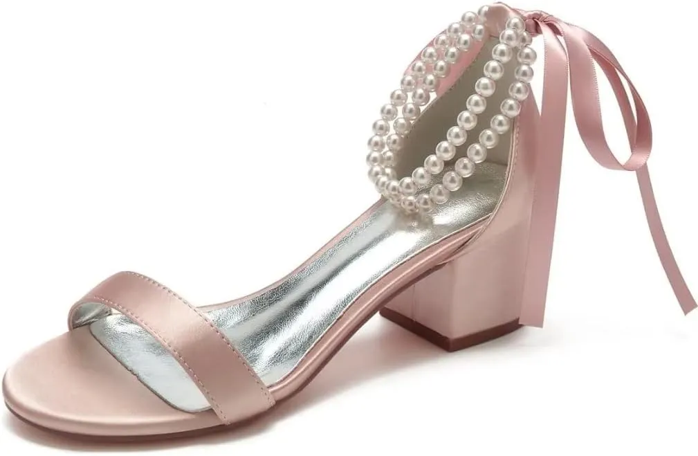 Block Heel Bridal Shoes Pearls Wedding Heeled Sandals Bride Chunky Heels