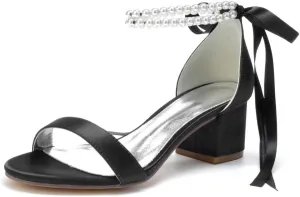 Block Heel Bridal Shoes Pearls Wedding Heeled Sandals Bride Chunky Heels