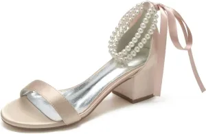 Block Heel Bridal Shoes Pearls Wedding Heeled Sandals Bride Chunky Heels