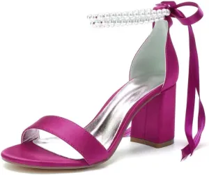 Block Heel Pearl Wedding Shoes for Bride Women Heeled Sandals Bridal Heels Chunky