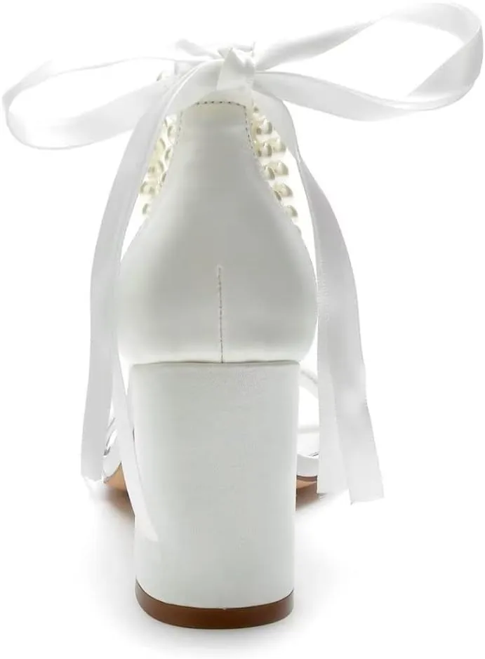 Block Heel Pearl Wedding Shoes for Bride Women Heeled Sandals Bridal Heels Chunky
