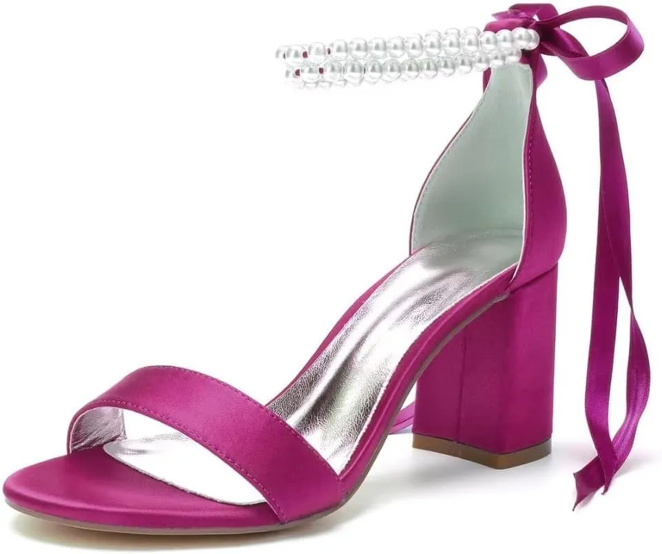 Block Heel Pearl Wedding Shoes for Bride Women Heeled Sandals Bridal Heels Chunky