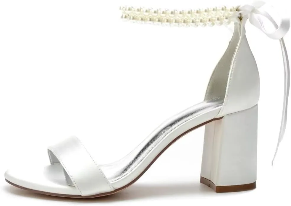 Block Heel Pearl Wedding Shoes for Bride Women Heeled Sandals Bridal Heels Chunky
