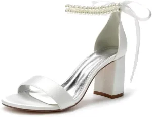 Block Heel Pearl Wedding Shoes for Bride Women Heeled Sandals Bridal Heels Chunky