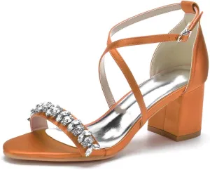 Block Heel Wedding Sandals for Birde Crystals Cross Strap Open Toe Bridal Sandal Heels