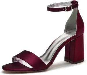 Block Heel Wedding Sandals Shoes for Bride Open Toe Satin Prom Evening Formal Party Sandal Heels 1151-1