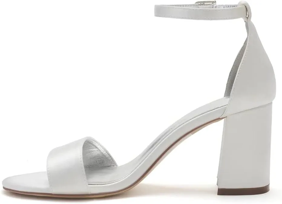 Block Heel Wedding Sandals Shoes for Bride Open Toe Satin Prom Evening Formal Party Sandal Heels 1151-1