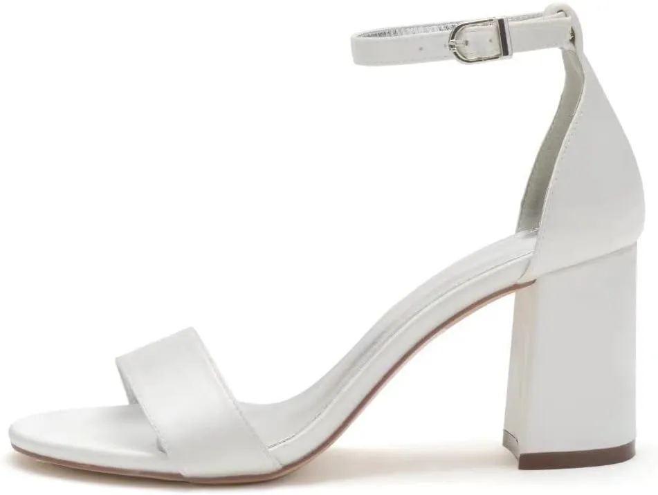 Block Heel Wedding Sandals Shoes for Bride Open Toe Satin Prom Evening Formal Party Sandal Heels 1151-1