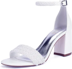 Block Heel Wedding Shoes for Bride Open Toe Bridal Shoes Heeled Sandals Wedding Heels