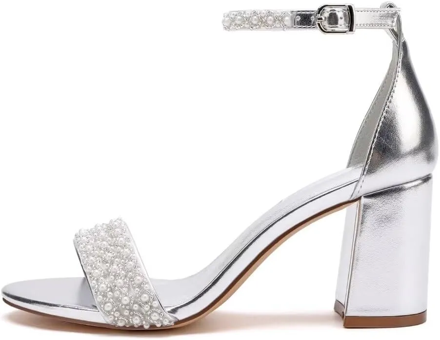 Block Heel Wedding Shoes for Bride Open Toe Pearl Bridal Shoes Wedding Heeled Sandals
