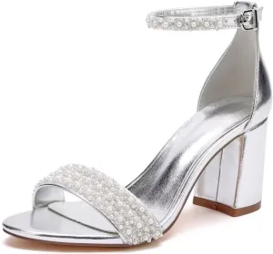 Block Heel Wedding Shoes for Bride Open Toe Pearl Bridal Shoes Wedding Heeled Sandals
