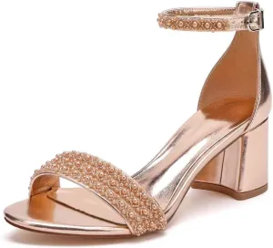Block Heels Pearls Wedding Sandals Open Toe Ankle Strap Evening Party Summer Shoes