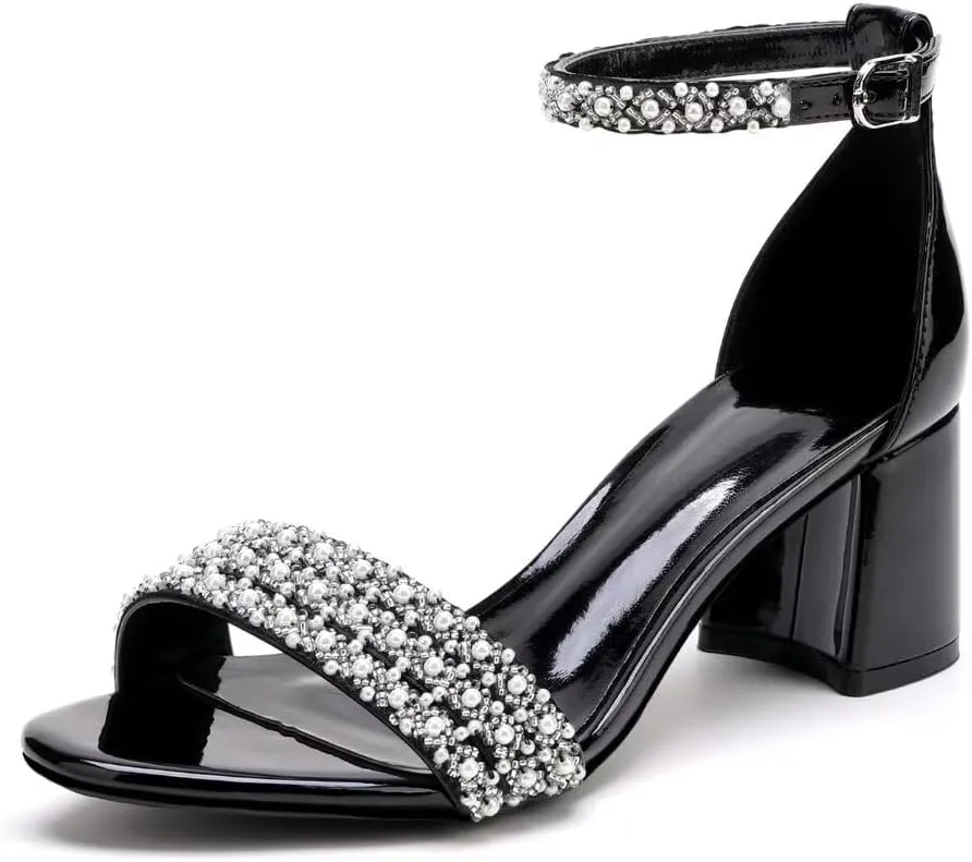 Block Heels Pearls Wedding Sandals Open Toe Ankle Strap Evening Party Summer Shoes