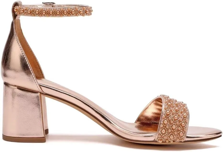 Block Heels Pearls Wedding Sandals Open Toe Ankle Strap Evening Party Summer Shoes