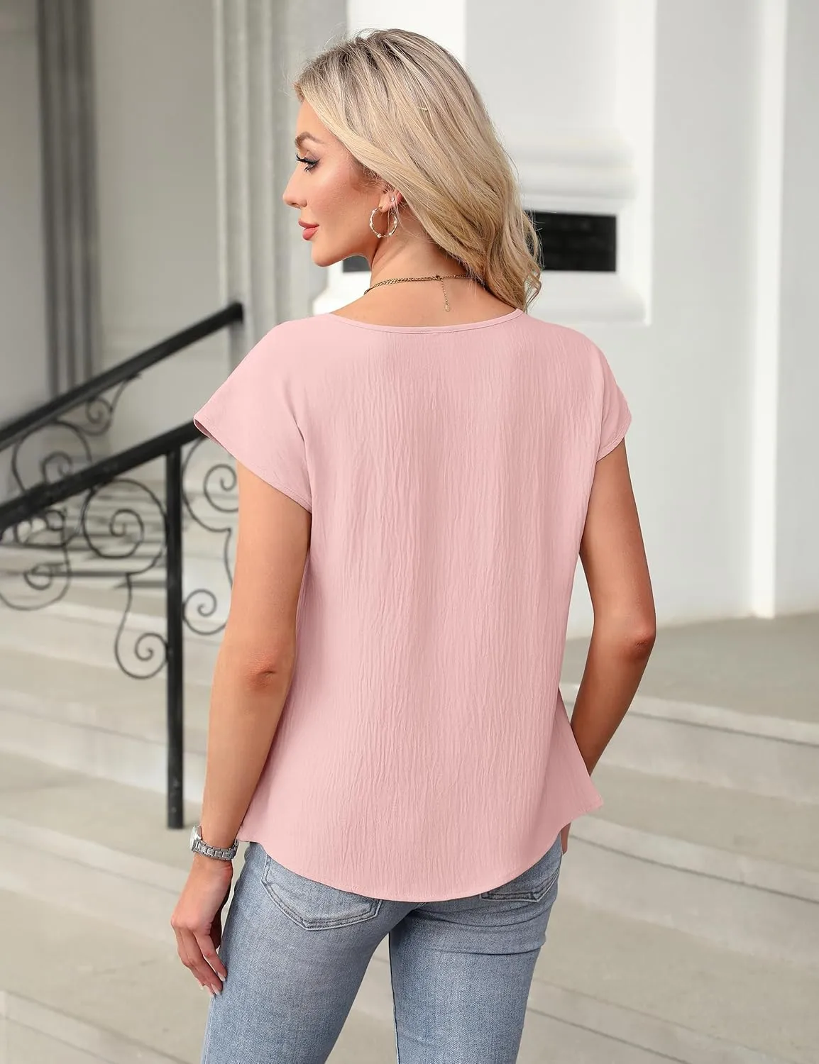 Blooming Jelly Womens Dressy Business Casual Tops Work Trendy Short Sleeve Shirts Summer Cute Pleated Blouses