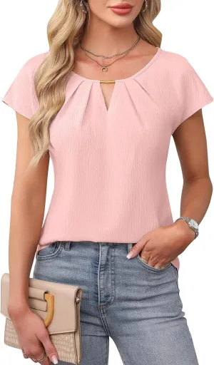 Blooming Jelly Womens Dressy Business Casual Tops Work Trendy Short Sleeve Shirts Summer Cute Pleated Blouses