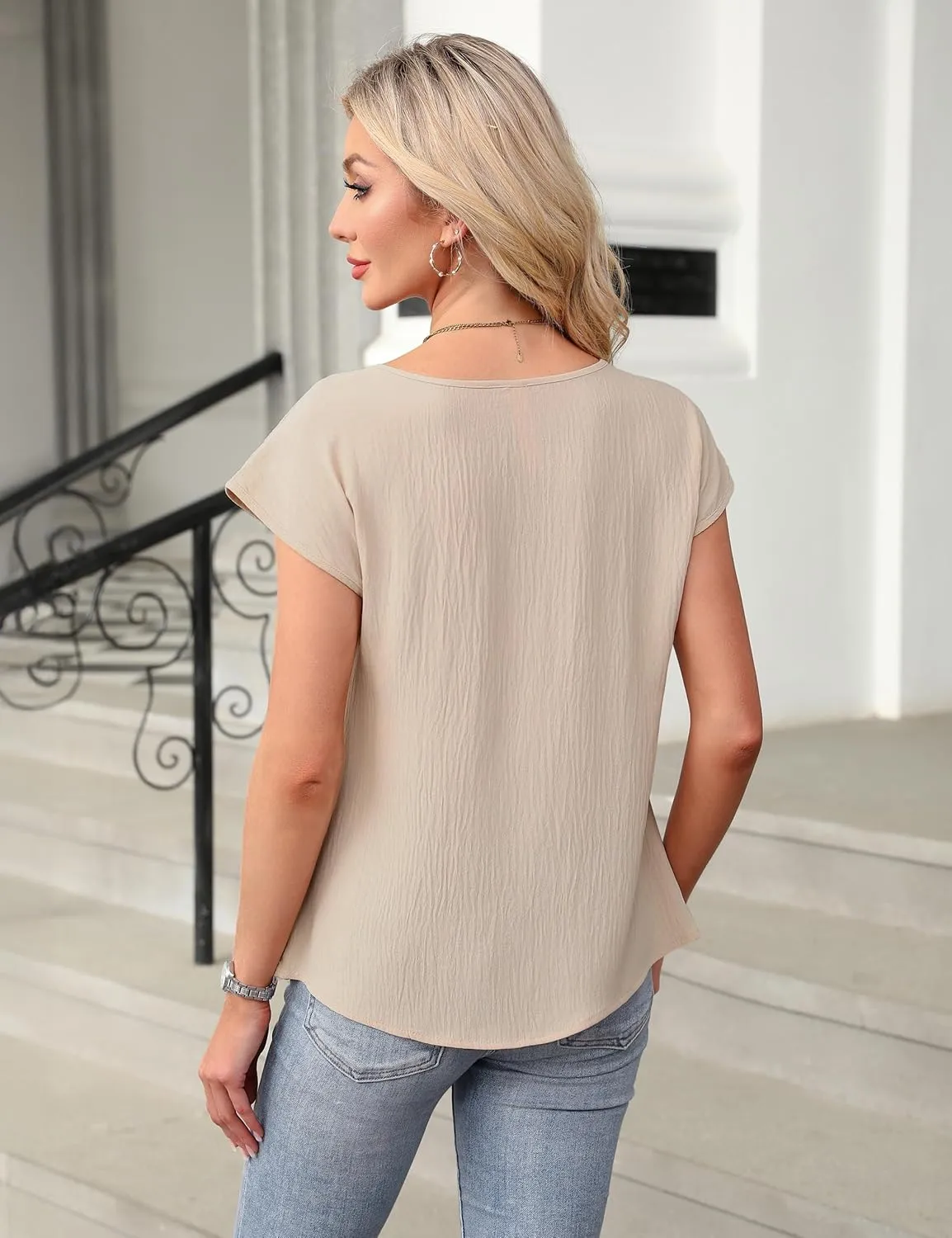 Blooming Jelly Womens Dressy Business Casual Tops Work Trendy Short Sleeve Shirts Summer Cute Pleated Blouses