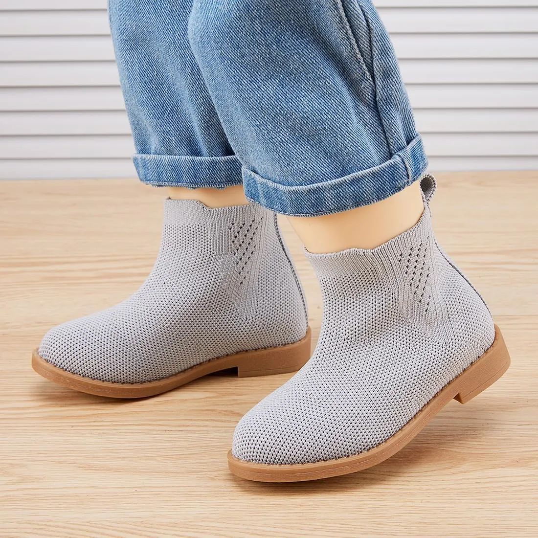 BMCiTYBM Toddler Girls Ankle Boots Low Heel Knitting Sock Short Chelsea Breathable Mesh Slip On Booties Dress Shoes All Season