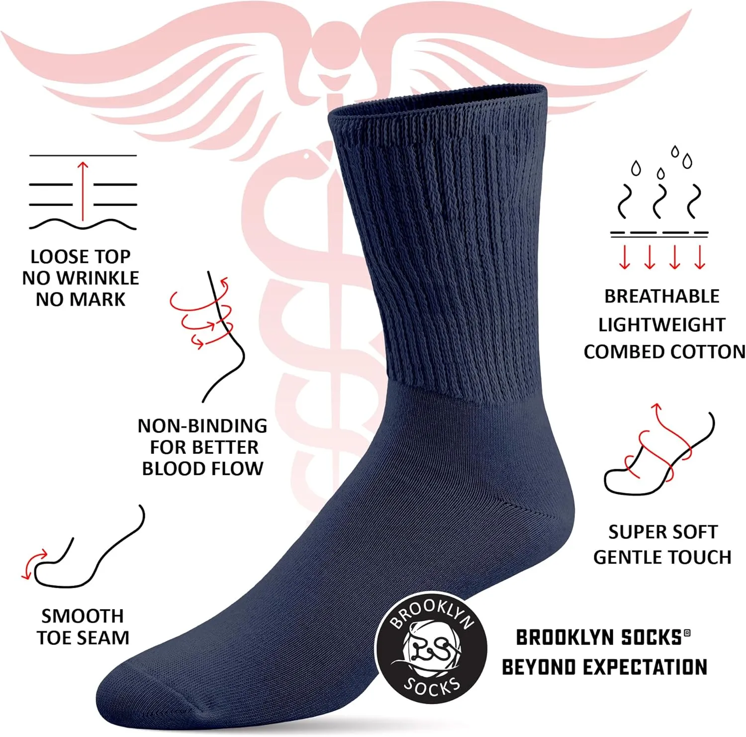 Brooklyn Socks Thin Combed Cotton Diabetic Socks, Loose, Wide, Non-Binding Neuropathy Low-Crew (Fit's Shoe Size 7-11)