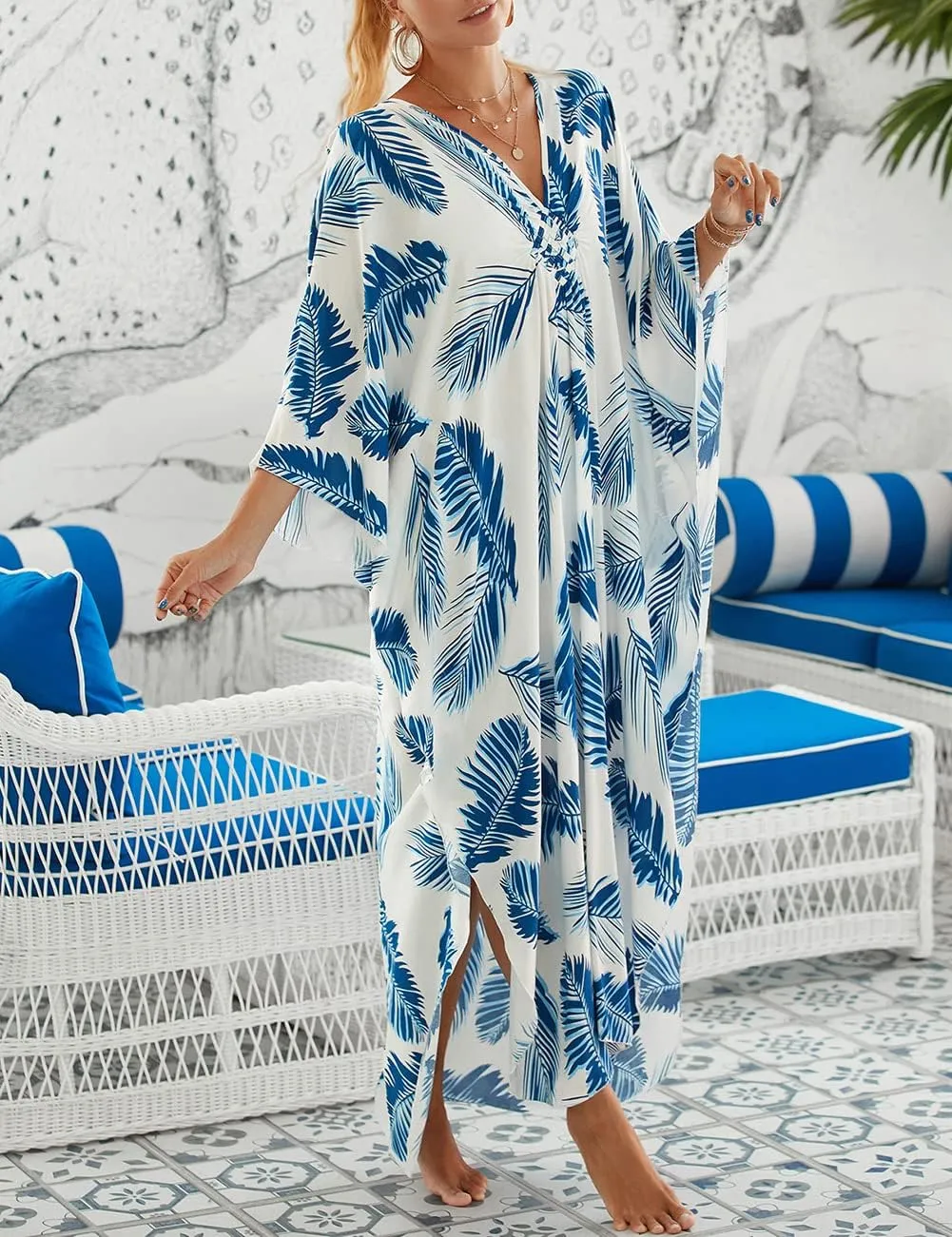 Bsubseach Plus Size Kaftan Dresses for Women Long Beach Cover Up V Neck Boho Summer Caftan Dress Loungewear
